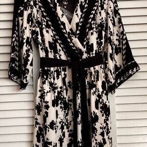 CAbi Black and White Floral Wrap Dress with Contrast Trim